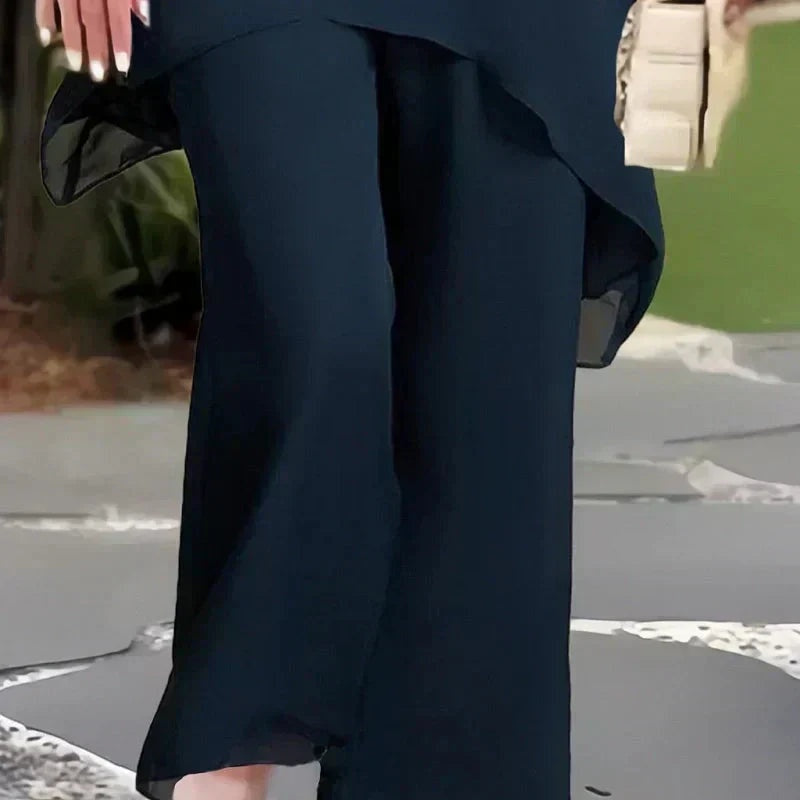 Patrícia | Conjunto Mulher Calças Perna Larga Top Assimétrico Chiffon