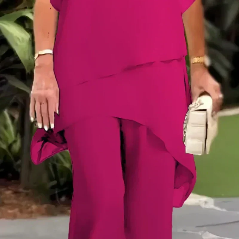 Patrícia | Conjunto Mulher Calças Perna Larga Top Assimétrico Chiffon