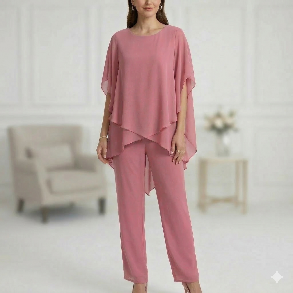Patrícia | Conjunto Mulher Calças Perna Larga Top Assimétrico Chiffon