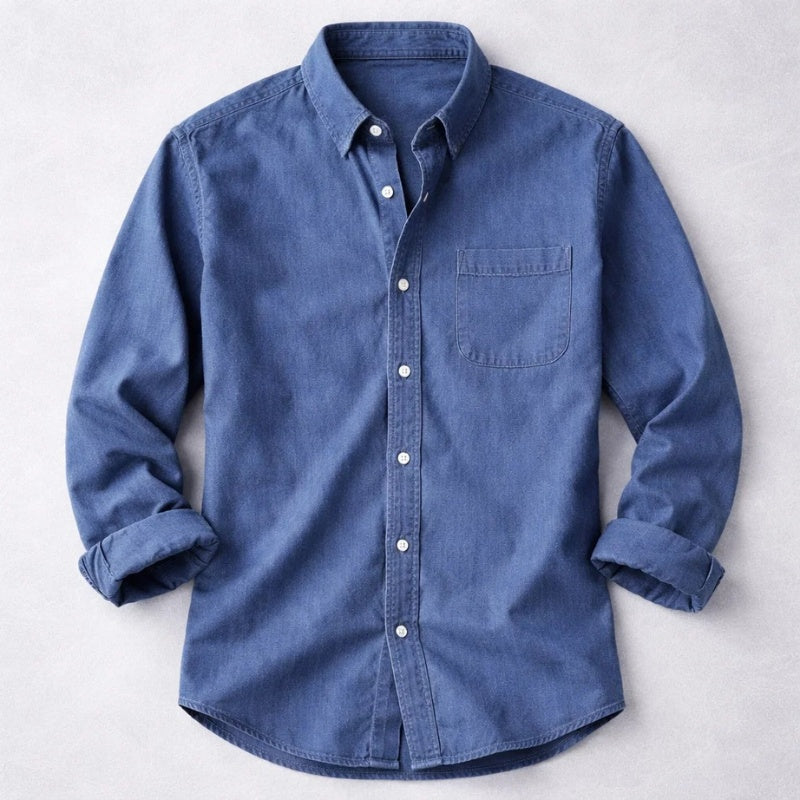 Pedro | Camisa de Ganga Homem Manga Comprida Bolso no Peito