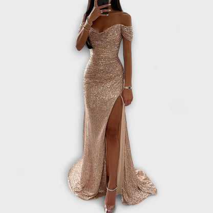 Persephone | Women's Off Shoulder Sequin Holiday Party Dress with Slit