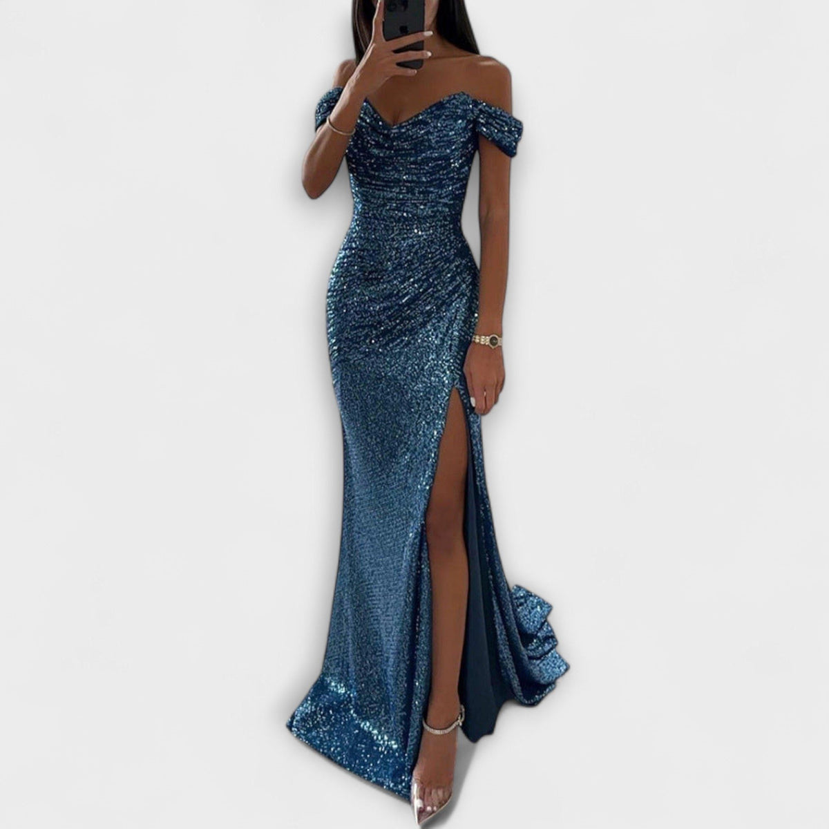 Persephone | Women's Off Shoulder Sequin Holiday Party Dress with Slit