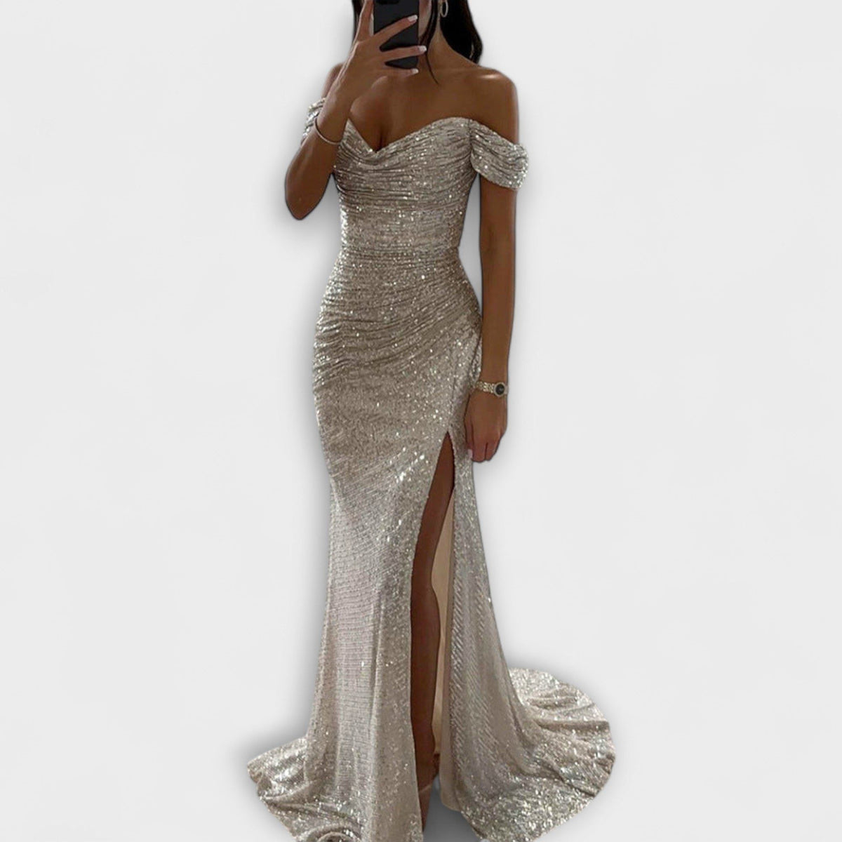 Persephone | Women's Off Shoulder Sequin Holiday Party Dress with Slit
