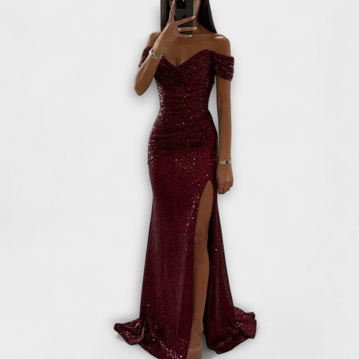 Persephone | Women's Off Shoulder Sequin Holiday Party Dress with Slit