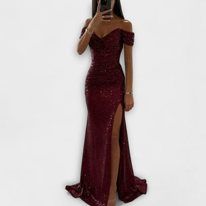 Persephone | Women's Off Shoulder Sequin Holiday Party Dress with Slit