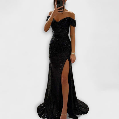 Persephone | Women's Off Shoulder Sequin Holiday Party Dress with Slit