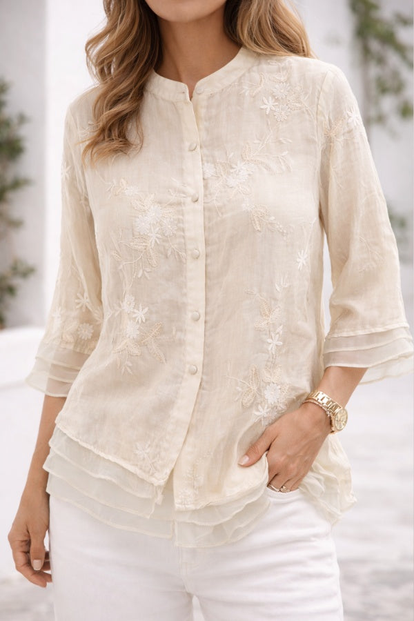 Rita | Blusa Bordada Floral Mulher Manga 3/4 com Botões