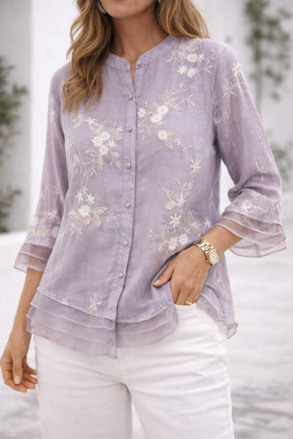 Rita | Blusa Bordada Floral Mulher Manga 3/4 com Botões