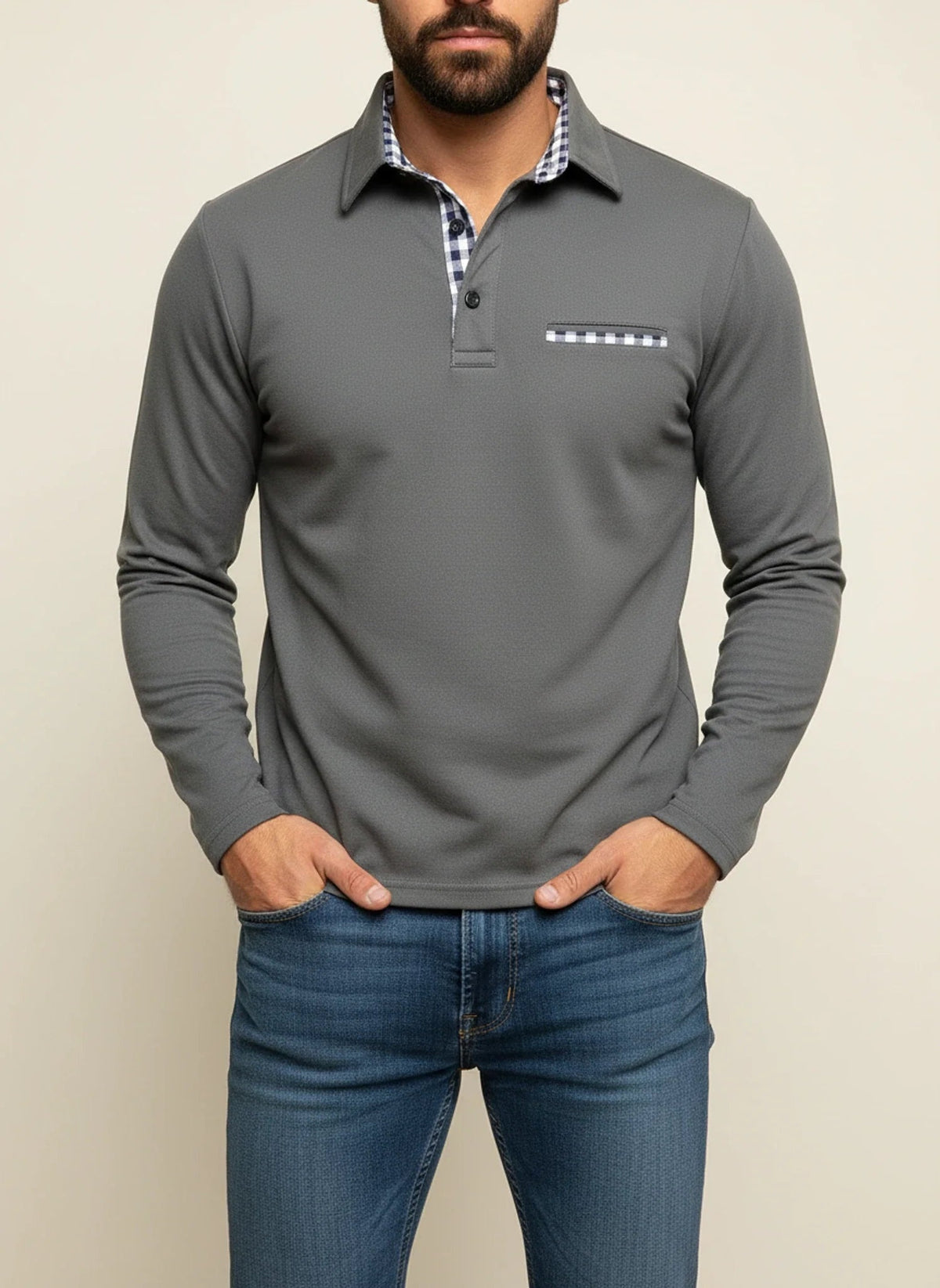 Rodrigo | Polo de Manga Comprida Homem com Detalhes em Xadrez