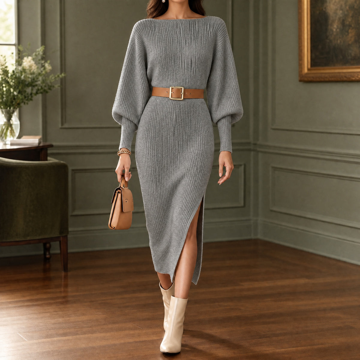 Rosalind | Women's Ribbed Long Sleeve Midi Sweater Dress with Belt
