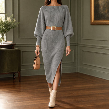 Rosalind | Women's Ribbed Long Sleeve Midi Sweater Dress with Belt