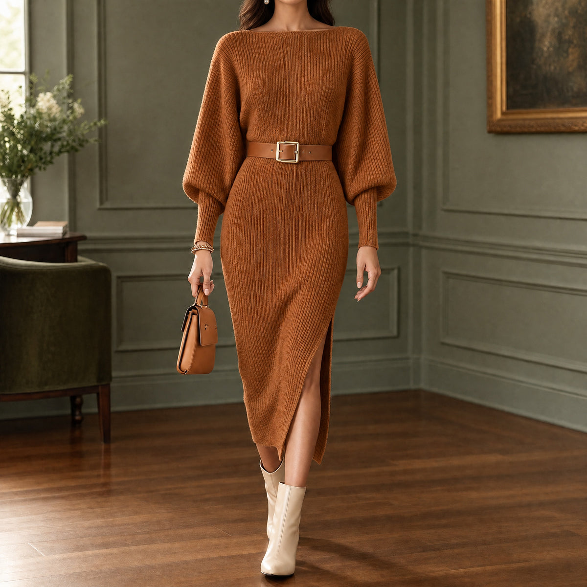 Rosalind | Women's Ribbed Long Sleeve Midi Sweater Dress with Belt