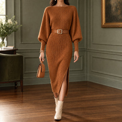 Rosalind | Women's Ribbed Long Sleeve Midi Sweater Dress with Belt