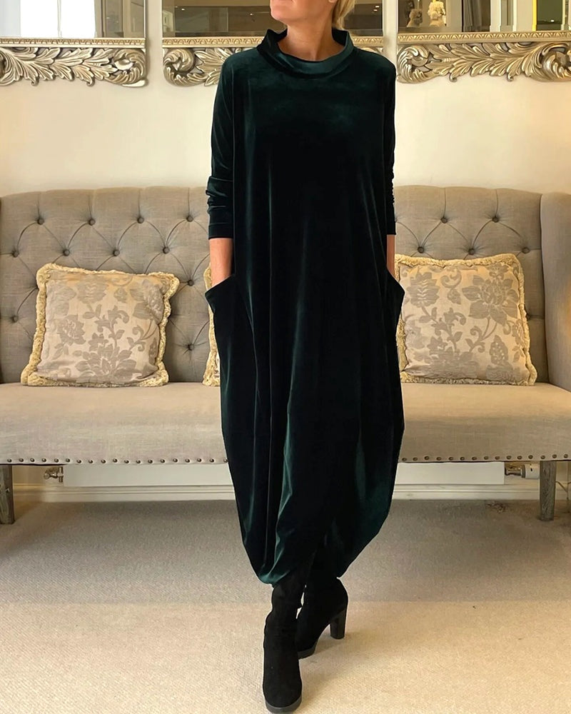 Rosamund | Women's Velvet Long Sleeve Midi Dress with Pockets
