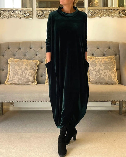 Rosamund | Women's Velvet Long Sleeve Midi Dress with Pockets