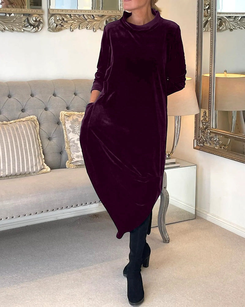 Rosamund | Women's Velvet Long Sleeve Midi Dress with Pockets