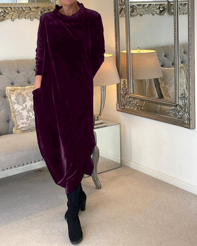 Rosamund | Women's Velvet Long Sleeve Midi Dress with Pockets