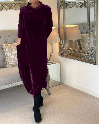 Rosamund | Women's Velvet Long Sleeve Midi Dress with Pockets