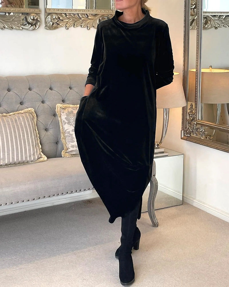 Rosamund | Women's Velvet Long Sleeve Midi Dress with Pockets