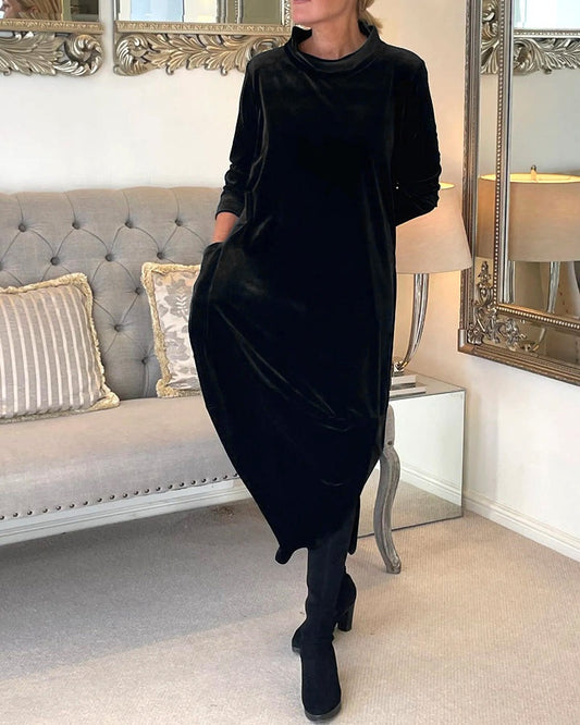 Rosamund | Women's Velvet Long Sleeve Midi Dress with Pockets