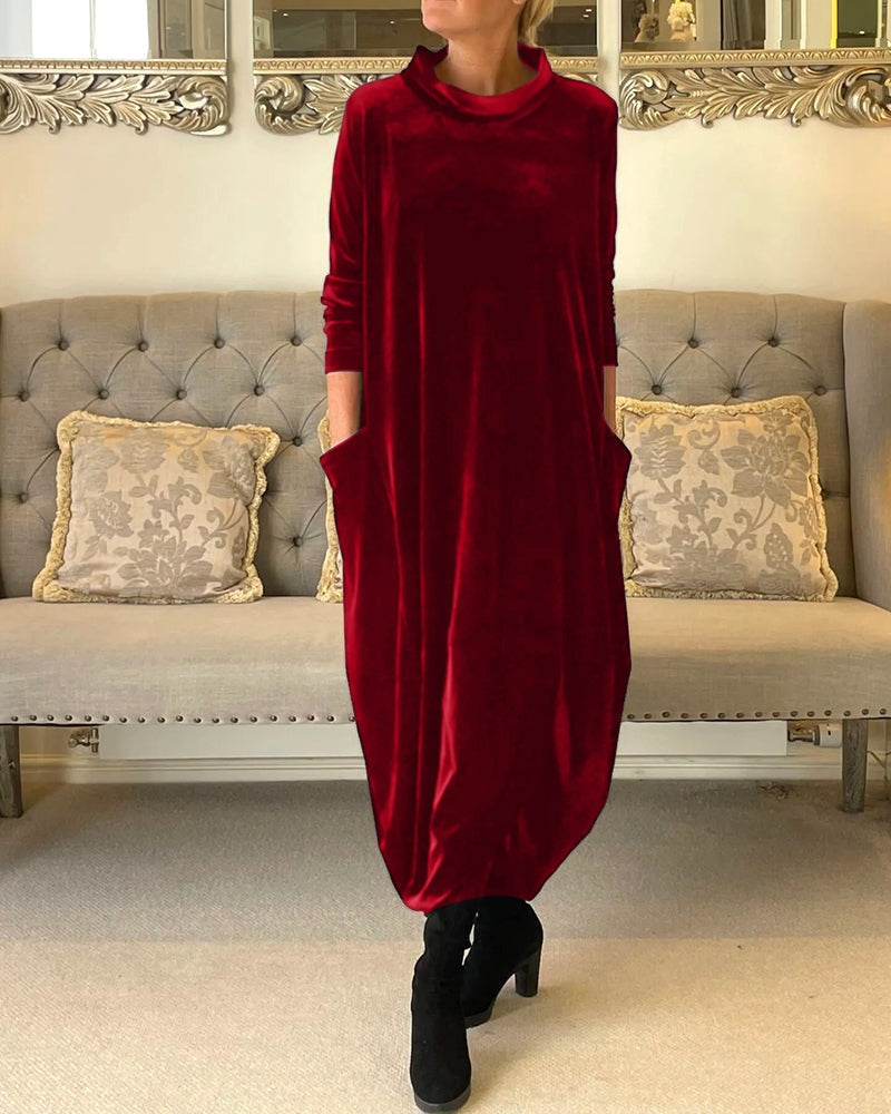 Rosamund | Women's Velvet Long Sleeve Midi Dress with Pockets