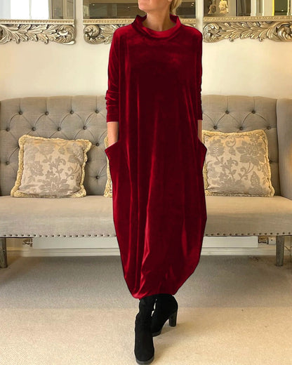 Rosamund | Women's Velvet Long Sleeve Midi Dress with Pockets