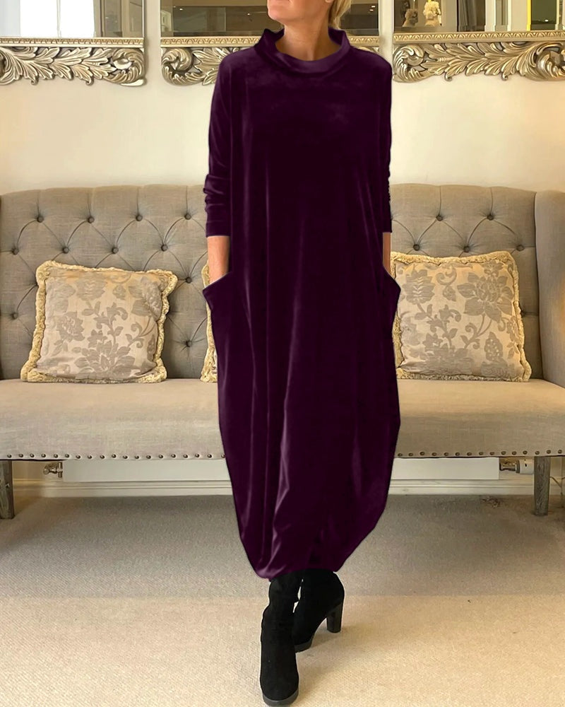 Rosamund | Women's Velvet Long Sleeve Midi Dress with Pockets
