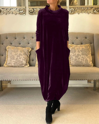 Rosamund | Women's Velvet Long Sleeve Midi Dress with Pockets