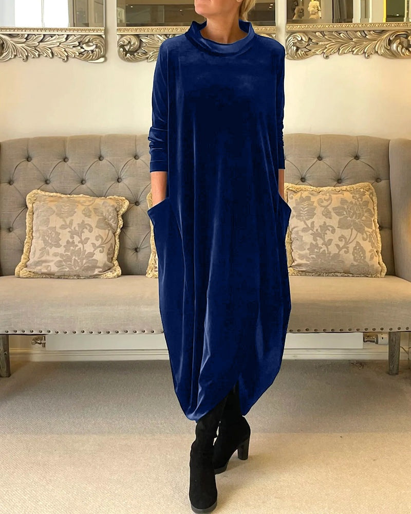 Rosamund | Women's Velvet Long Sleeve Midi Dress with Pockets