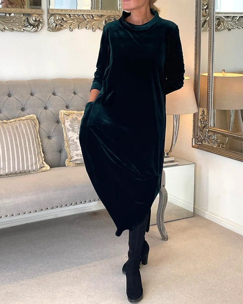 Rosamund | Women's Velvet Long Sleeve Midi Dress with Pockets