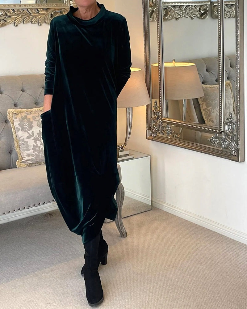 Rosamund | Women's Velvet Long Sleeve Midi Dress with Pockets