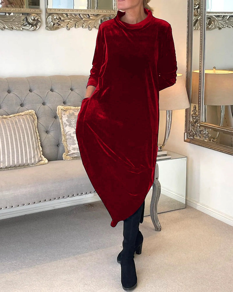 Rosamund | Women's Velvet Long Sleeve Midi Dress with Pockets