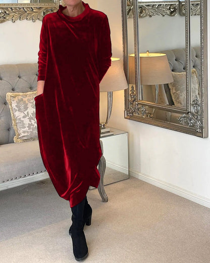 Rosamund | Women's Velvet Long Sleeve Midi Dress with Pockets