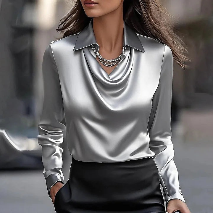 Sara | Blusa de Cetim Mulher Manga Comprida Decote Drapeado