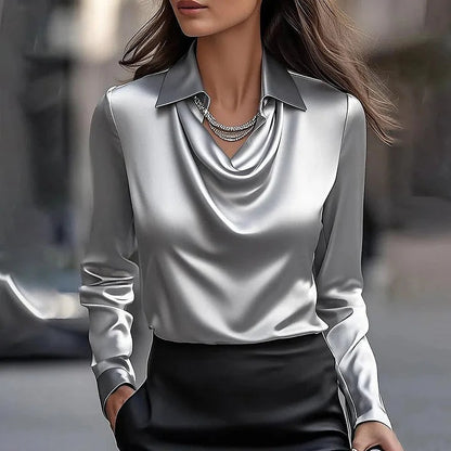 Sara | Blusa de Cetim Mulher Manga Comprida Decote Drapeado