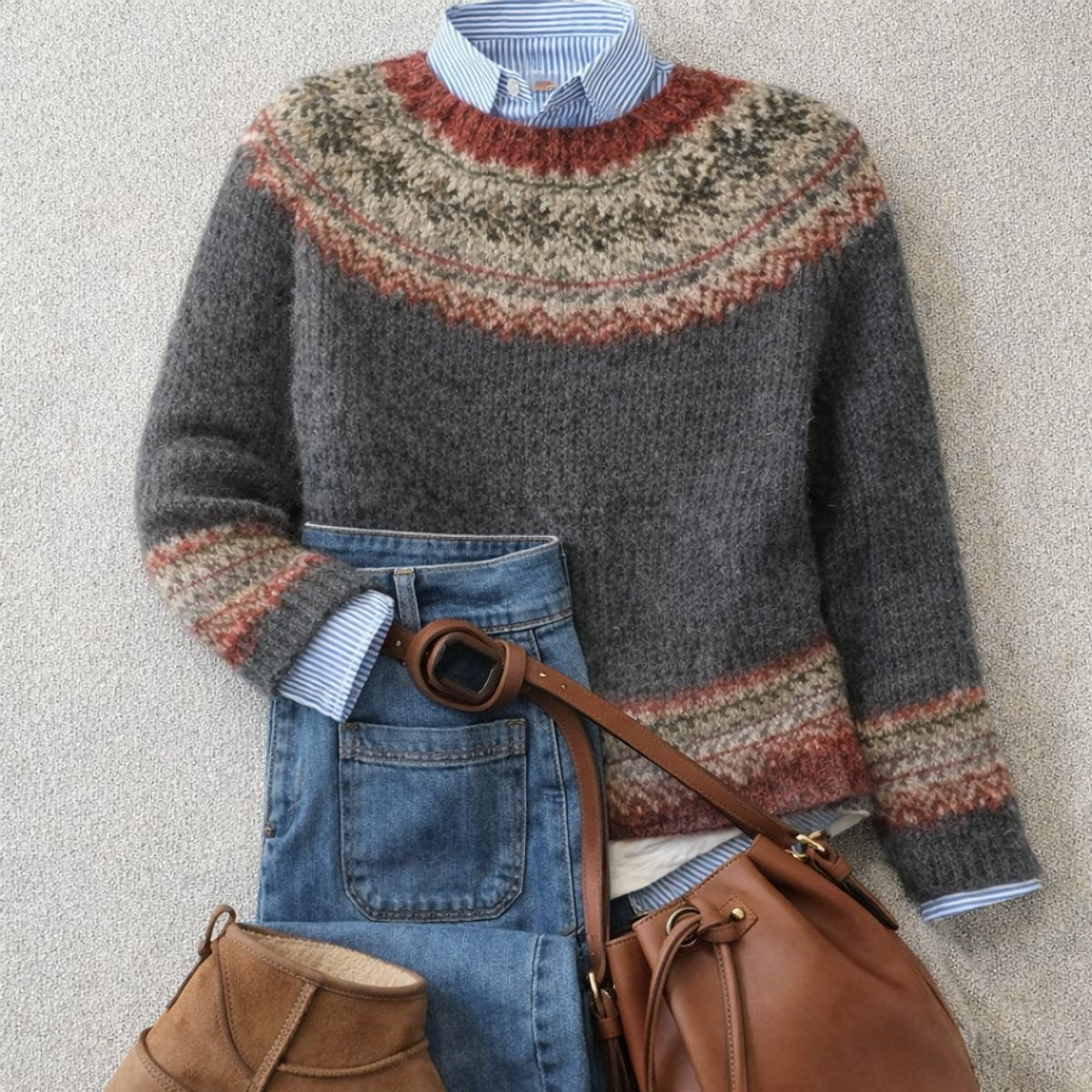 Sara | Camisola de Lã Mulher Padrão Fair Isle Gola Redonda