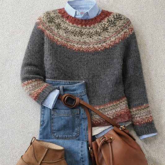 Sara | Camisola de Lã Mulher Padrão Fair Isle Gola Redonda