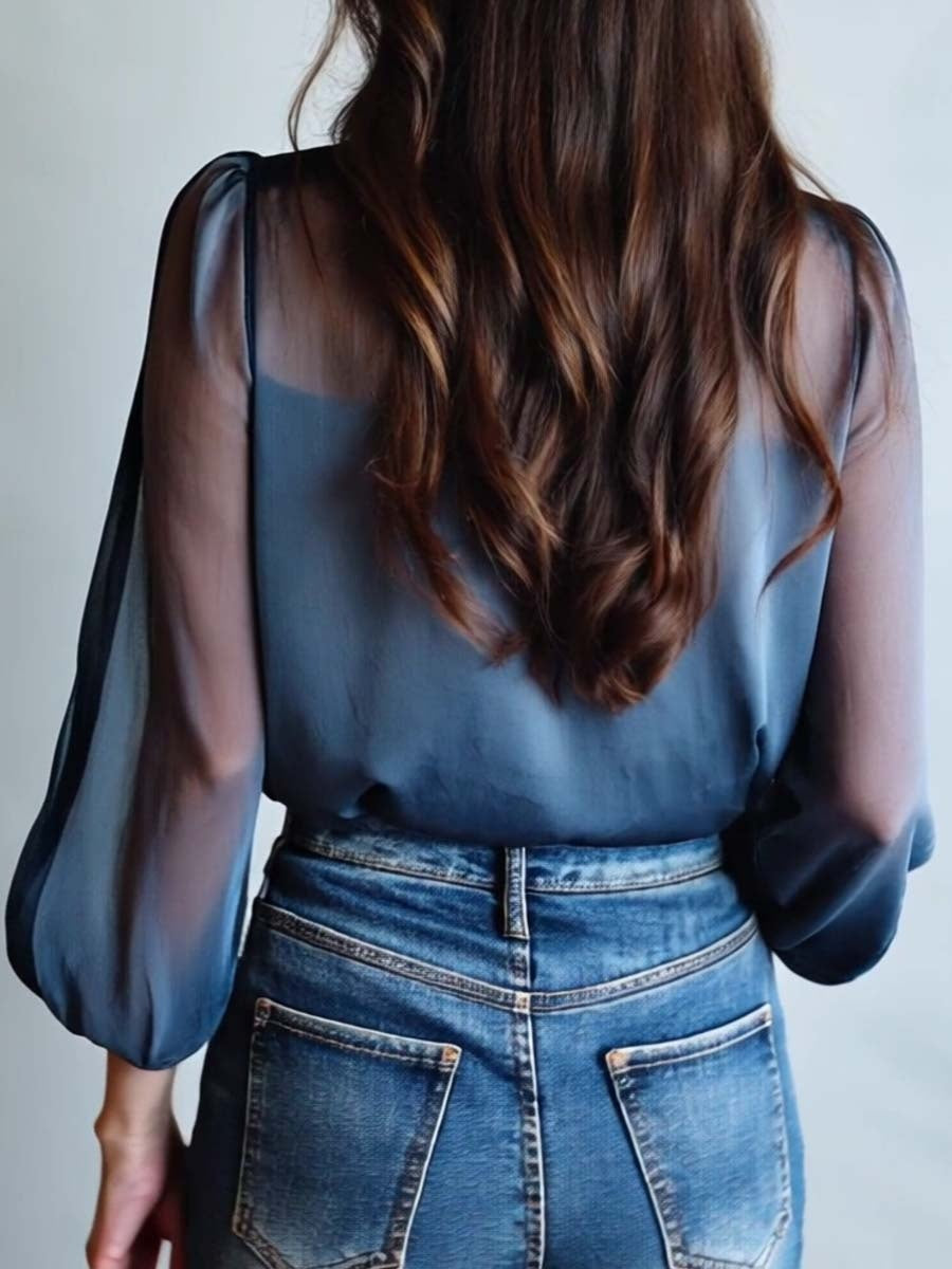 Sílvia | Blusa Floral Transparente Mulher Manga Comprida Decote V