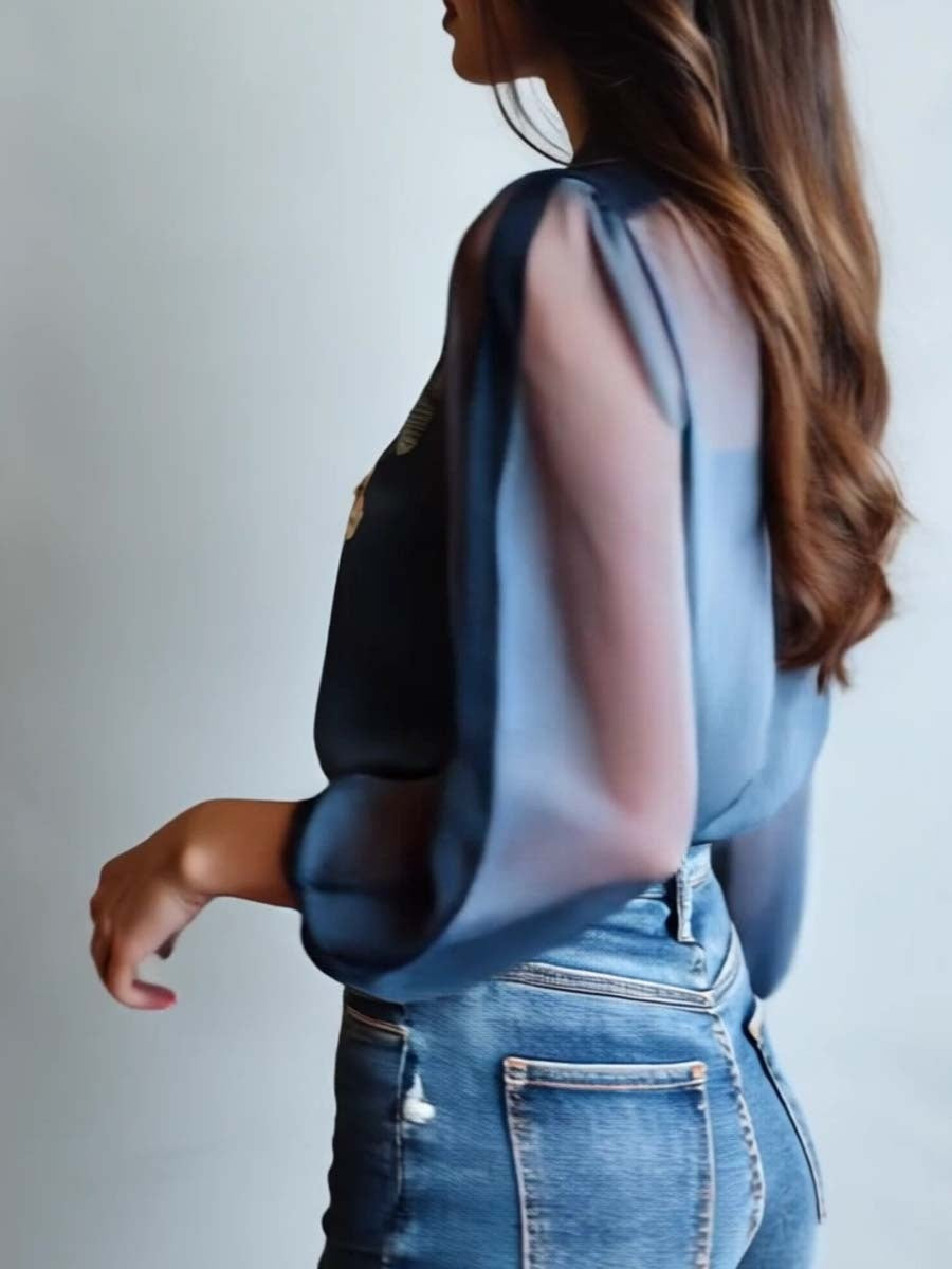 Sílvia | Blusa Floral Transparente Mulher Manga Comprida Decote V