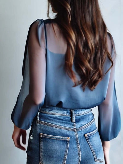 Sílvia | Blusa Floral Transparente Mulher Manga Comprida Decote V