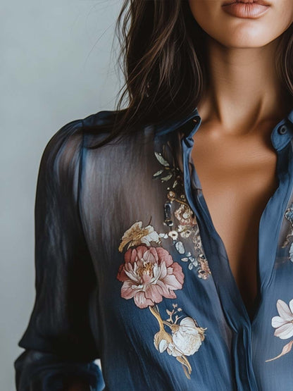 Sílvia | Blusa Floral Transparente Mulher Manga Comprida Decote V