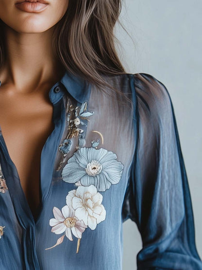 Sílvia | Blusa Floral Transparente Mulher Manga Comprida Decote V