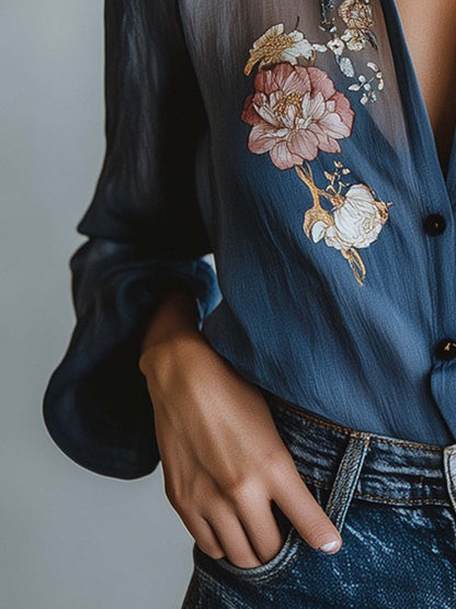 Sílvia | Blusa Floral Transparente Mulher Manga Comprida Decote V