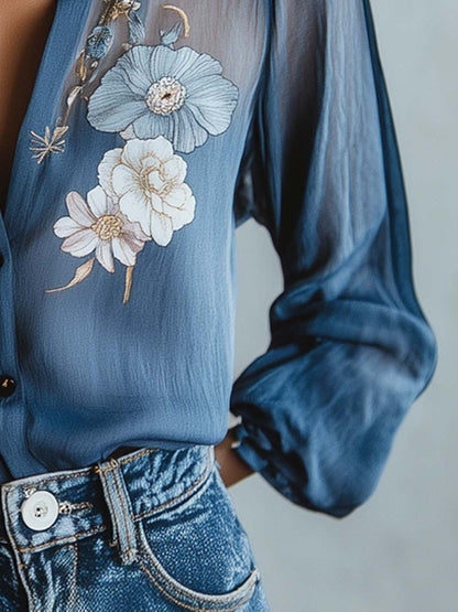 Sílvia | Blusa Floral Transparente Mulher Manga Comprida Decote V