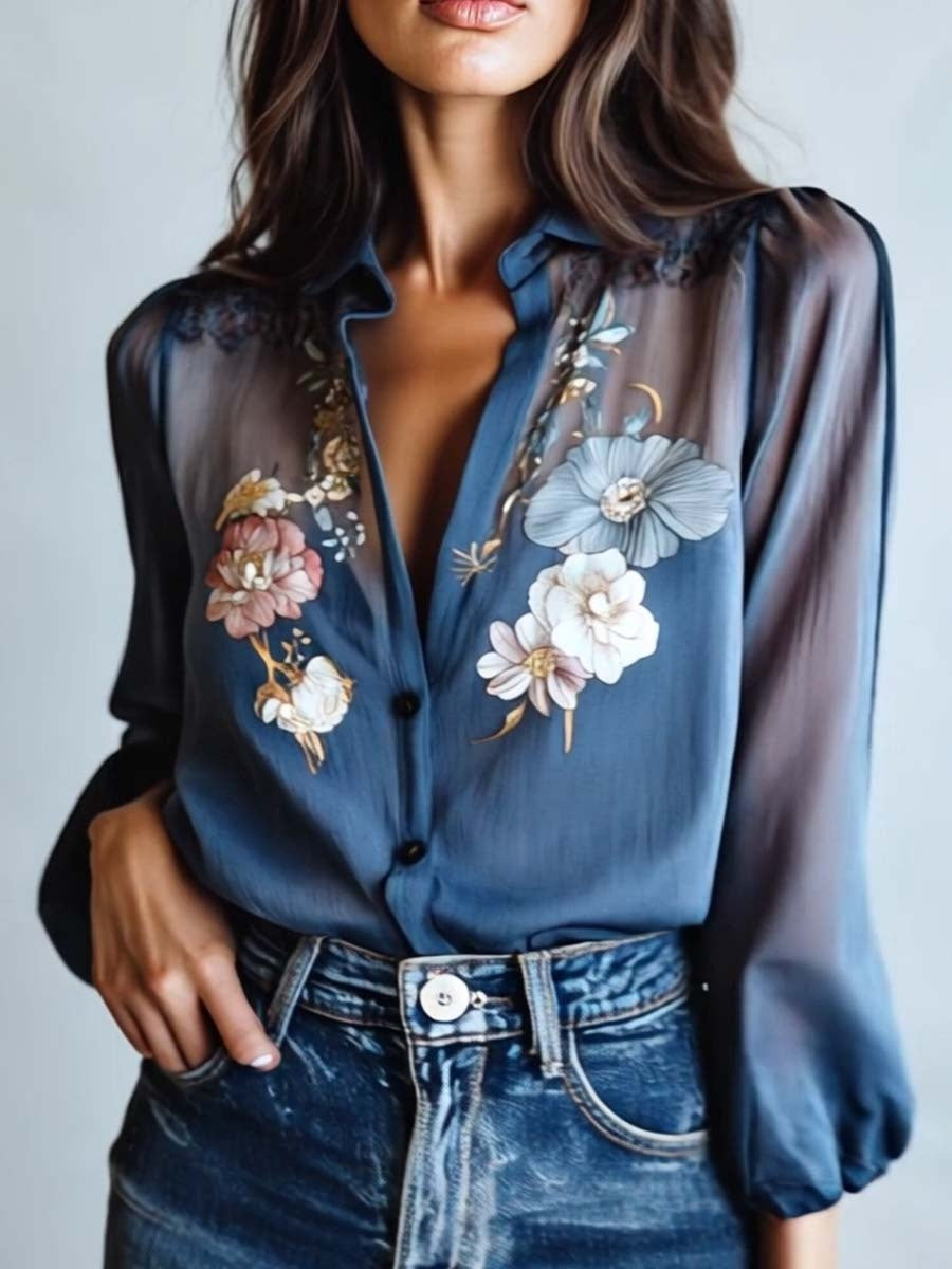 Sílvia | Blusa Floral Transparente Mulher Manga Comprida Decote V