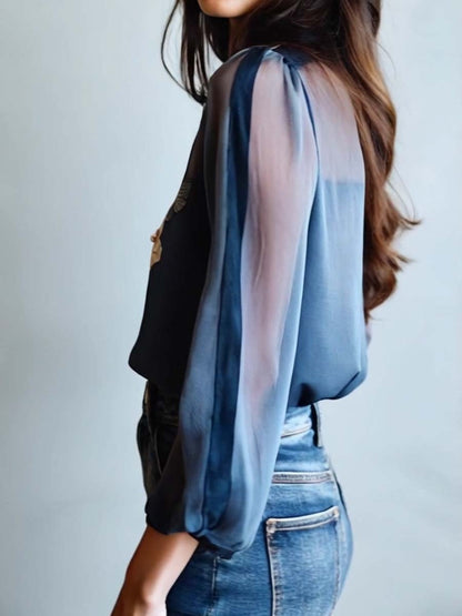 Sílvia | Blusa Floral Transparente Mulher Manga Comprida Decote V