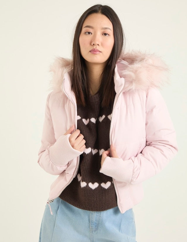 Sofia | Casaco Acolchoado Puffer Cropped Mulher com Capuz Pelo