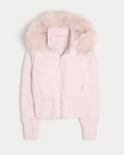 Sofia | Casaco Acolchoado Puffer Cropped Mulher com Capuz Pelo