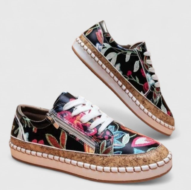 Lorelei | Women's Floral Canvas Sneakers Hand Stitched Cork Platform