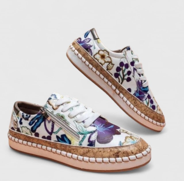 Lorelei | Women's Floral Canvas Sneakers Hand Stitched Cork Platform